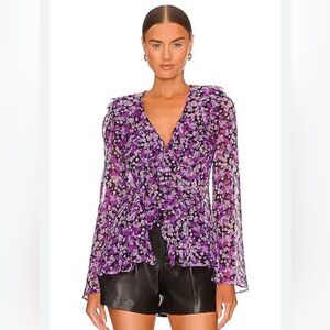 Free People Nina Printed Top in Black Combo Sheer Hook & Eye Closure Raw Edges L